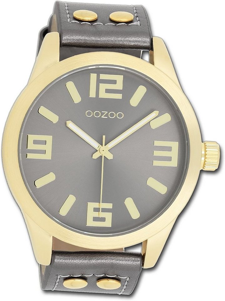 OOZOO Quarzuhr Oozoo Damen Armbanduhr Timepieces, Damenuhr Lederarmband dunkelgrau, rundes Gehäuse, extra groß (ca 46mm) von OOZOO