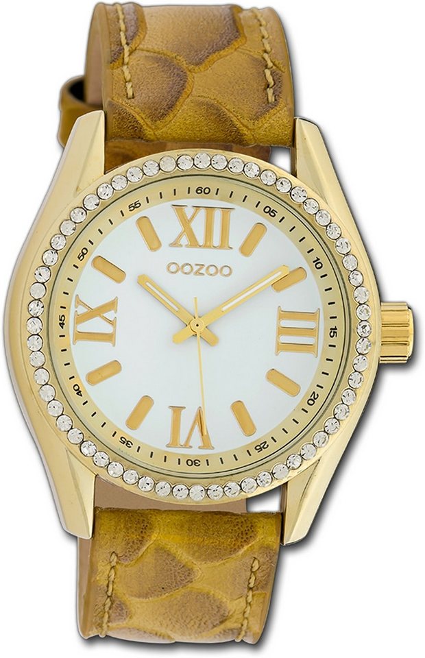 OOZOO Quarzuhr Oozoo Damen Armbanduhr Timepieces, Damenuhr Lederarmband gelb, mustard, rundes Gehäuse, groß (ca. 40mm) von OOZOO