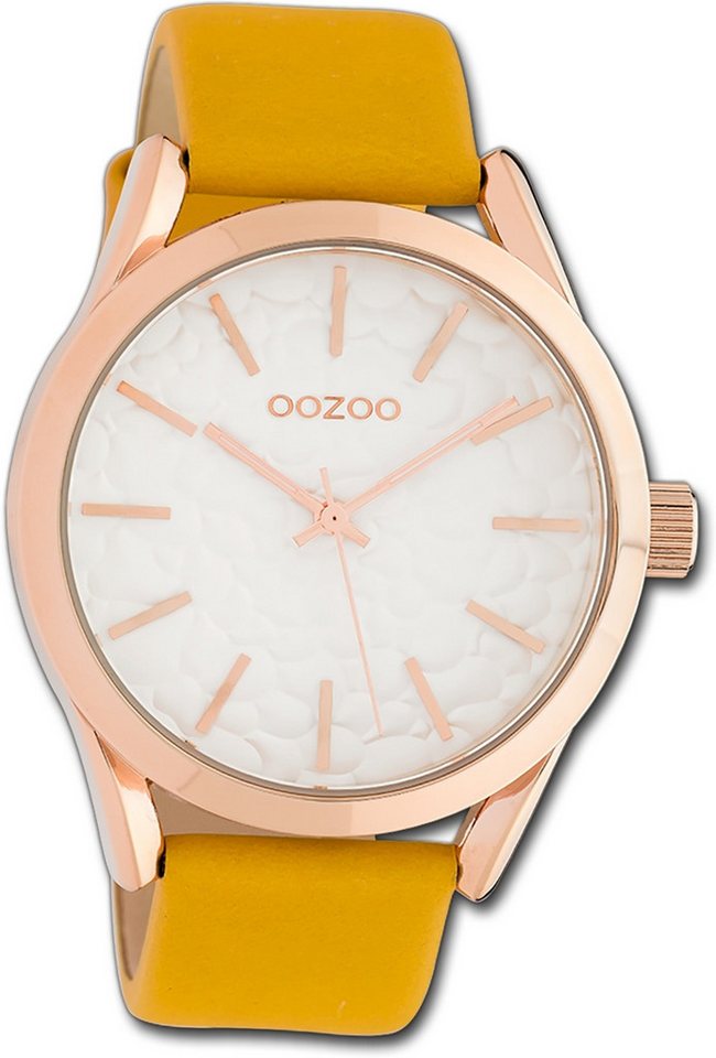 OOZOO Quarzuhr Oozoo Damen Armbanduhr Timepieces, Damenuhr Lederarmband gelb, rundes Gehäuse, groß (ca. 43mm) von OOZOO