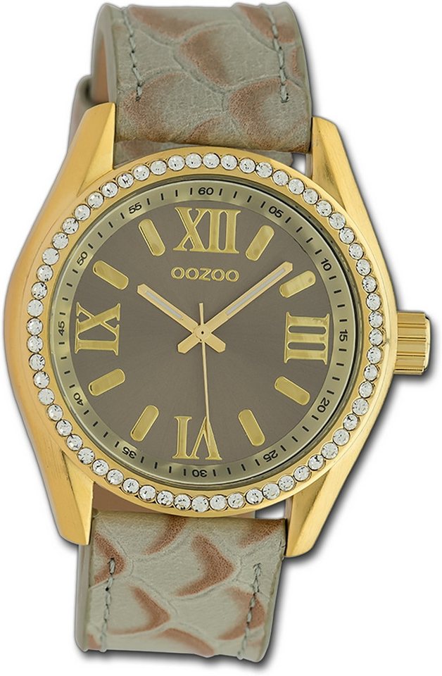 OOZOO Quarzuhr Oozoo Damen Armbanduhr Timepieces, Damenuhr Lederarmband grau, hellbraun, rundes Gehäuse, groß (ca. 40mm) von OOZOO