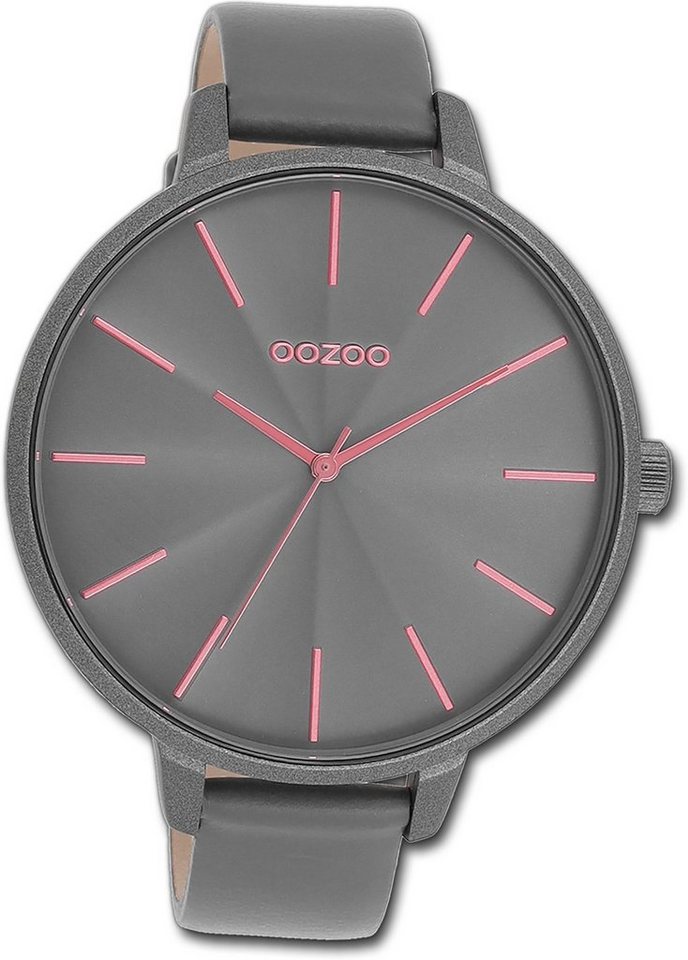 OOZOO Quarzuhr Oozoo Damen Armbanduhr Timepieces, Damenuhr Lederarmband grau, rundes Gehäuse, extra groß (ca. 48mm) von OOZOO