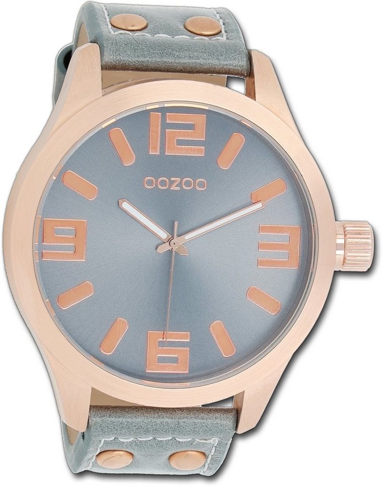 OOZOO Quarzuhr Oozoo Damen Armbanduhr Timepieces, Damenuhr Lederarmband grau, rundes Gehäuse, extra groß (ca. 51mm) von OOZOO