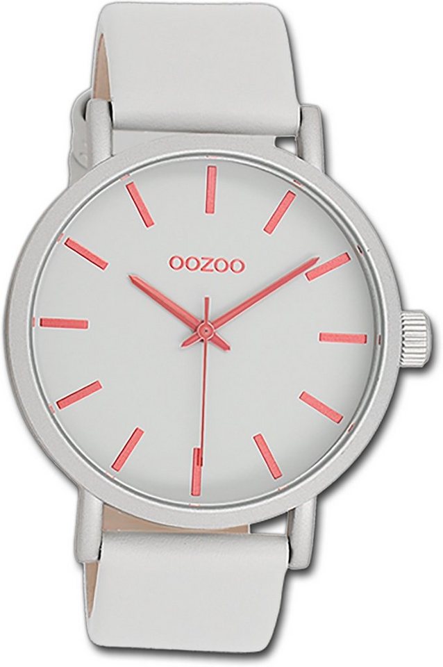 OOZOO Quarzuhr Oozoo Damen Armbanduhr Timepieces, Damenuhr Lederarmband grau, rundes Gehäuse, groß (ca. 42mm) von OOZOO