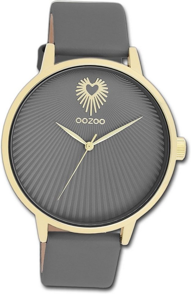 OOZOO Quarzuhr Oozoo Damen Armbanduhr Timepieces, Damenuhr Lederarmband grau, rundes Gehäuse, groß (ca. 42mm) von OOZOO