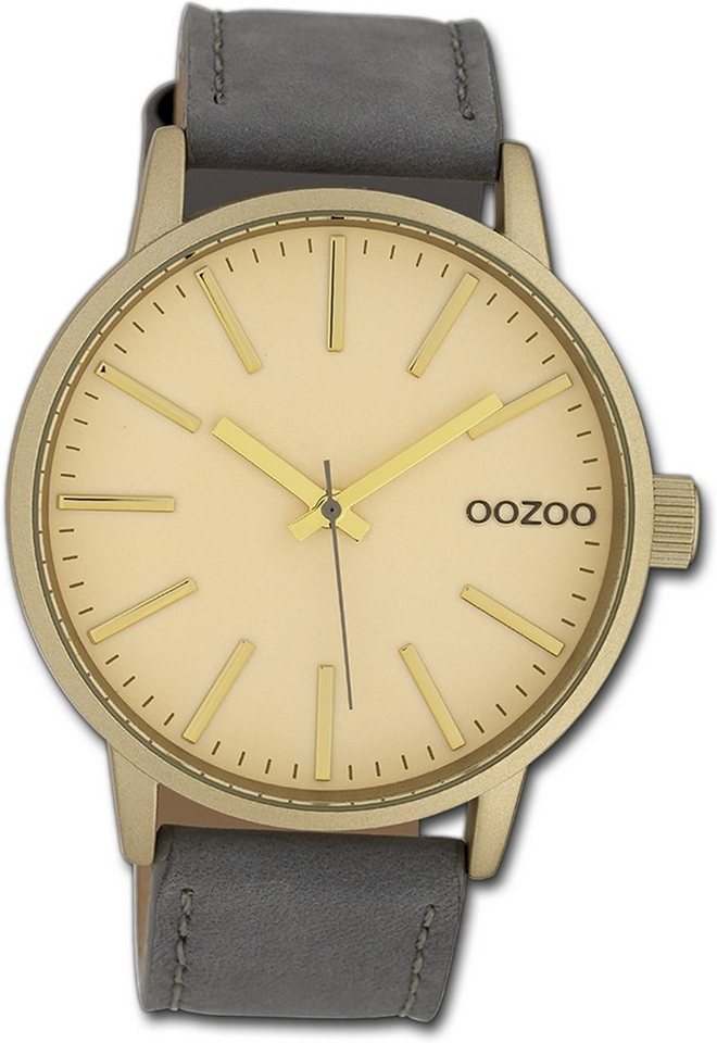 OOZOO Quarzuhr Oozoo Damen Armbanduhr Timepieces, Damenuhr Lederarmband grau, rundes Gehäuse, groß (ca. 45mm) von OOZOO