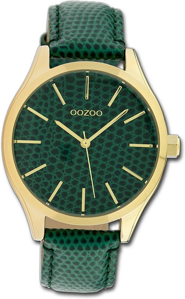 OOZOO Quarzuhr Oozoo Damen Armbanduhr Timepieces, Damenuhr Lederarmband grün, dunkelgrün, rundes Gehäuse, groß (42mm) von OOZOO