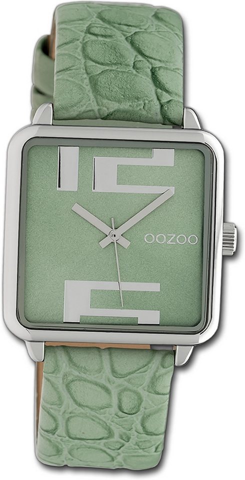 OOZOO Quarzuhr Oozoo Damen Armbanduhr Timepieces, Damenuhr Lederarmband grün, quadratisch, extra groß (ca. 30x30mm) von OOZOO