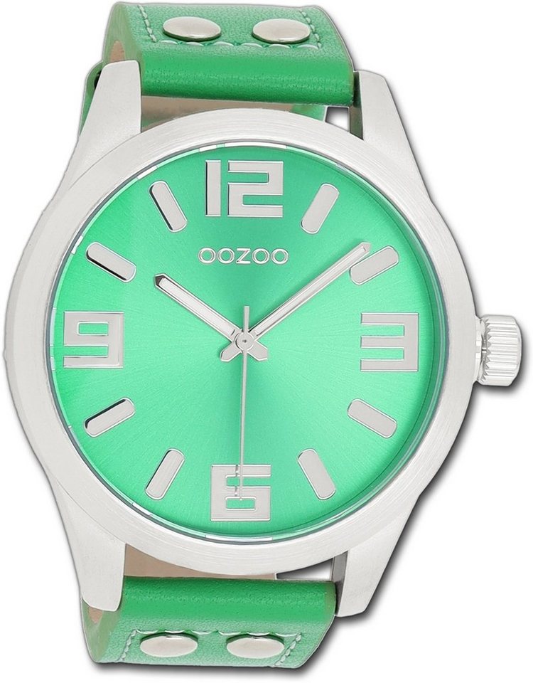 OOZOO Quarzuhr Oozoo Damen Armbanduhr Timepieces, Damenuhr Lederarmband grün, rundes Gehäuse, extra groß (ca. 46mm) von OOZOO