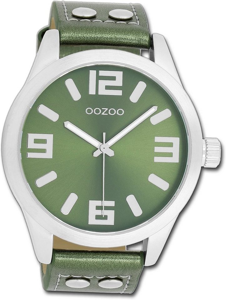 OOZOO Quarzuhr Oozoo Damen Armbanduhr Timepieces, Damenuhr Lederarmband grün, rundes Gehäuse, extra groß (ca. 46mm) von OOZOO