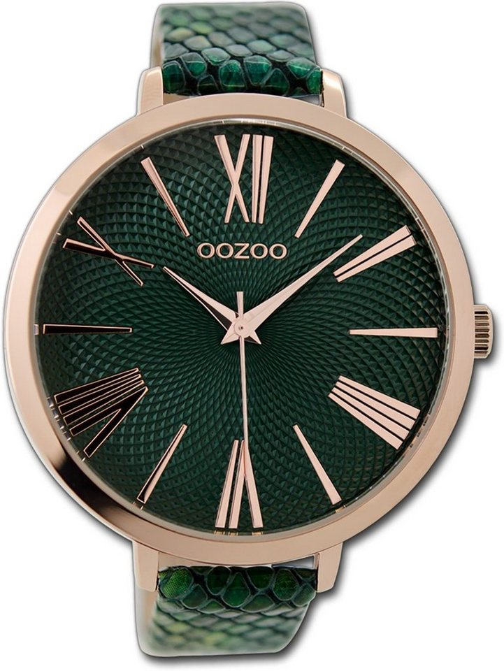 OOZOO Quarzuhr Oozoo Damen Armbanduhr Timepieces, Damenuhr Lederarmband grün, rundes Gehäuse, extra groß (ca. 48mm) von OOZOO
