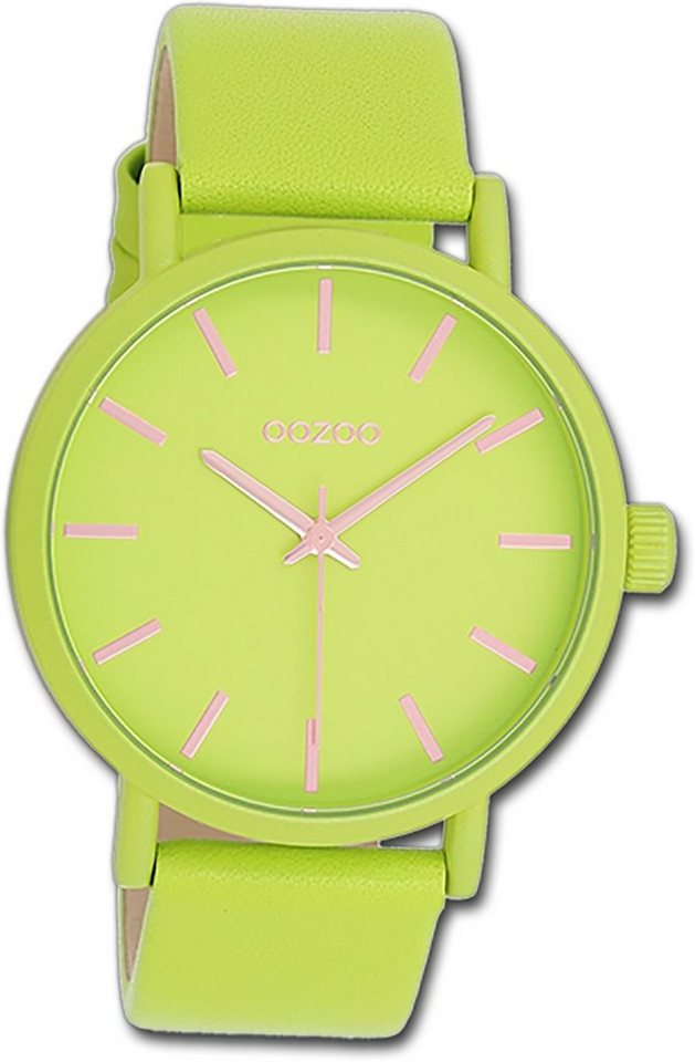 OOZOO Quarzuhr Oozoo Damen Armbanduhr Timepieces, Damenuhr Lederarmband grün, rundes Gehäuse, groß (ca. 42mm) von OOZOO