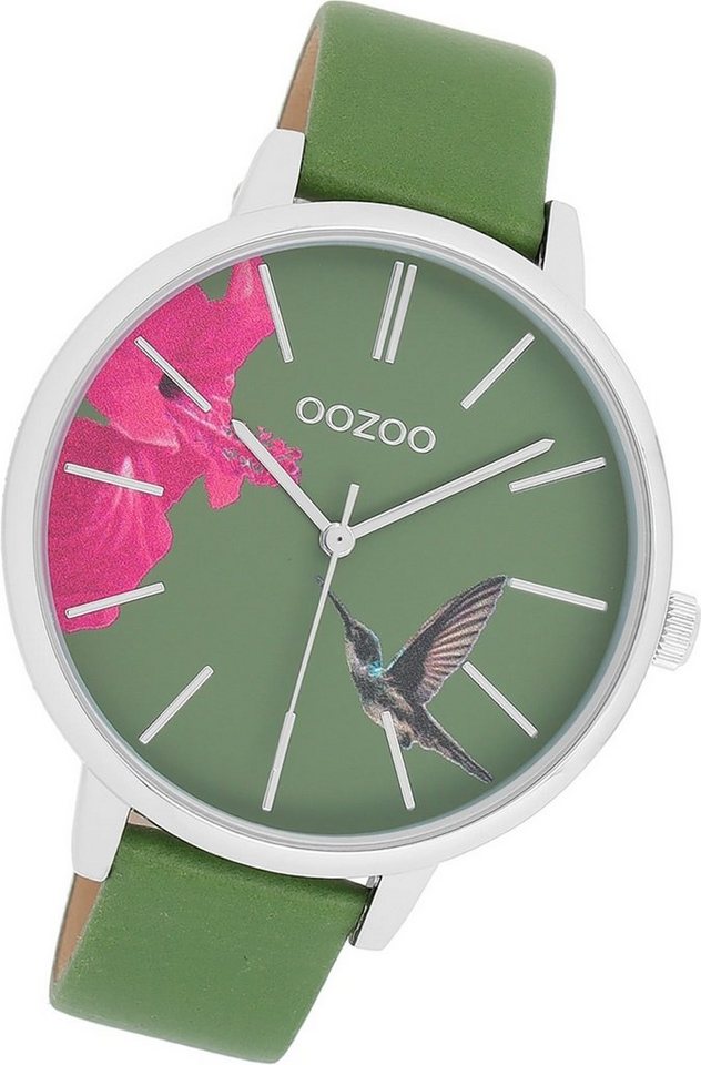 OOZOO Quarzuhr Oozoo Damen Armbanduhr Timepieces, Damenuhr Lederarmband grün, rundes Gehäuse, groß (ca. 42mm) von OOZOO