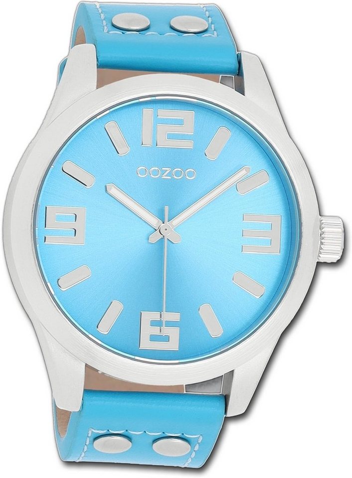 OOZOO Quarzuhr Oozoo Damen Armbanduhr Timepieces, Damenuhr Lederarmband hellblau, rundes Gehäuse, extra groß (ca. 46mm) von OOZOO