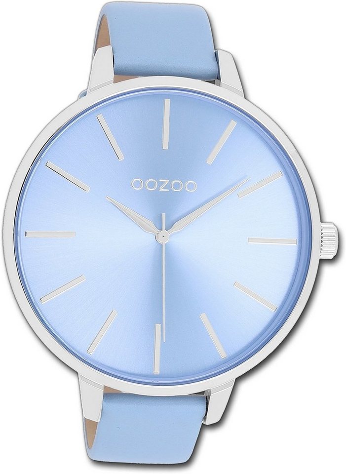 OOZOO Quarzuhr Oozoo Damen Armbanduhr Timepieces, Damenuhr Lederarmband hellblau, rundes Gehäuse, extra groß (ca. 48mm) von OOZOO