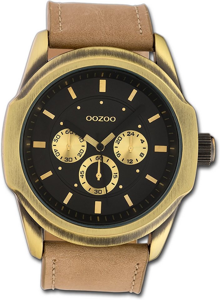 OOZOO Quarzuhr Oozoo Damen Armbanduhr Timepieces, Damenuhr Lederarmband hellbraun, rundes Gehäuse, extra groß (ca. 48mm) von OOZOO