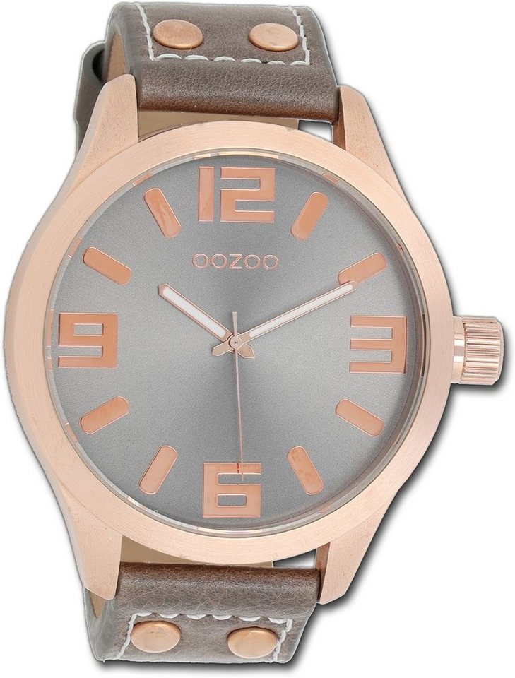OOZOO Quarzuhr Oozoo Damen Armbanduhr Timepieces, Damenuhr Lederarmband hellbraun, rundes Gehäuse, extra groß (ca. 51mm) von OOZOO