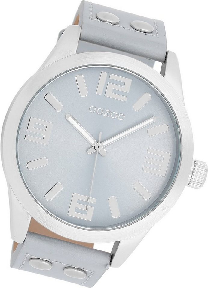 OOZOO Quarzuhr Oozoo Damen Armbanduhr Timepieces, Damenuhr Lederarmband hellgrau, rundes Gehäuse, extra groß (ca. 46mm) von OOZOO