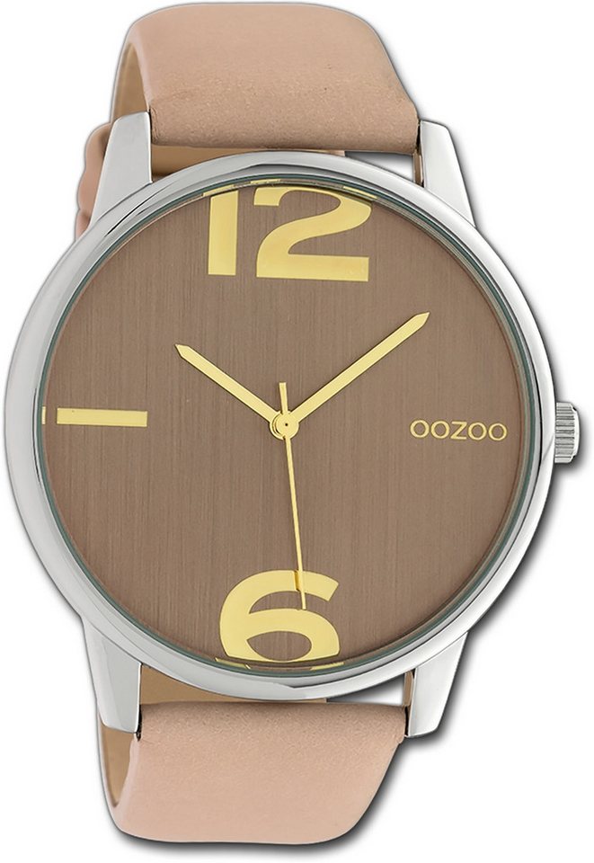 OOZOO Quarzuhr Oozoo Damen Armbanduhr Timepieces, Damenuhr Lederarmband hellrosa, rundes Gehäuse, groß (ca. 45mm) von OOZOO