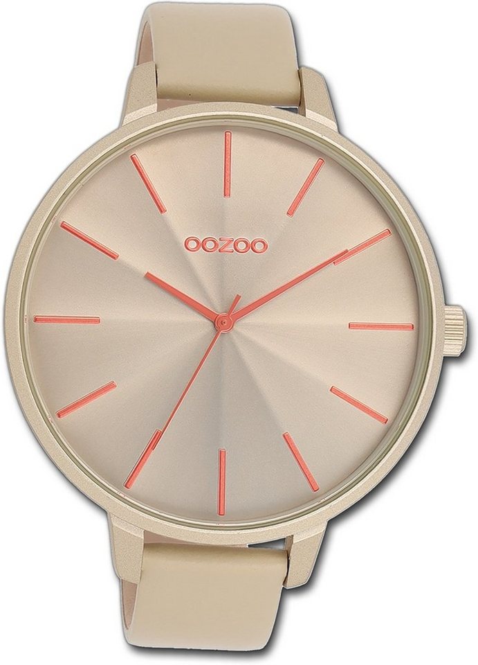 OOZOO Quarzuhr Oozoo Damen Armbanduhr Timepieces, Damenuhr Lederarmband khaki, rundes Gehäuse, extra groß (ca. 48mm) von OOZOO