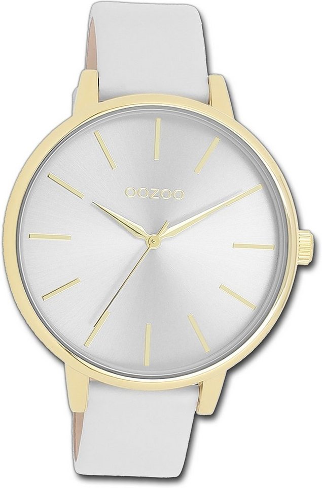 OOZOO Quarzuhr Oozoo Damen Armbanduhr Timepieces, Damenuhr Lederarmband light grau, rundes Gehäuse, groß (ca. 42mm) von OOZOO