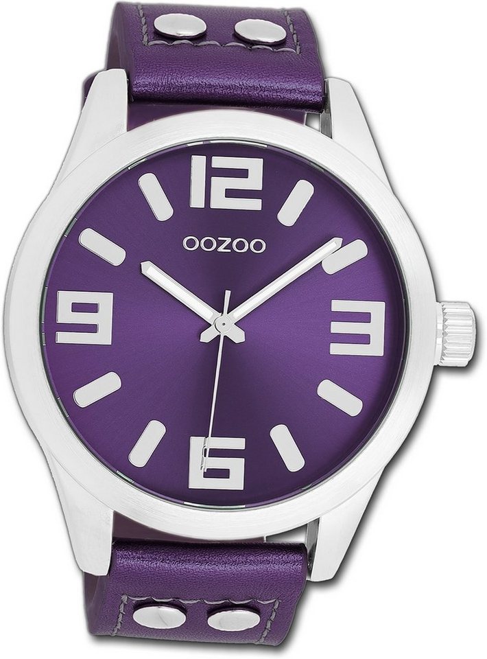 OOZOO Quarzuhr Oozoo Damen Armbanduhr Timepieces, (Analoguhr), Damenuhr Lederarmband lila, rundes Gehäuse, extra groß (ca. 46mm) von OOZOO