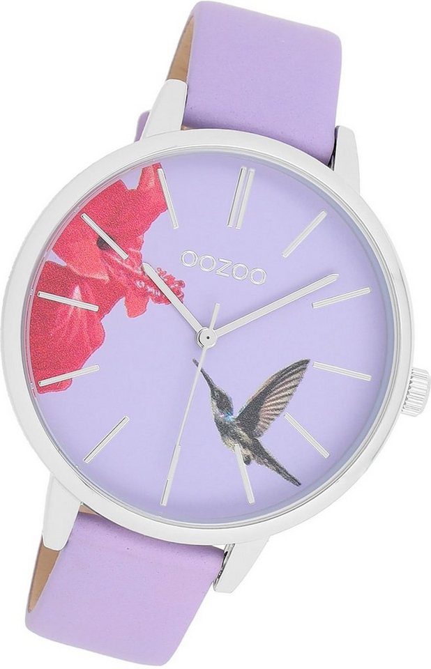 OOZOO Quarzuhr Oozoo Damen Armbanduhr Timepieces, Damenuhr Lederarmband lila, rundes Gehäuse, groß (ca. 42mm) von OOZOO