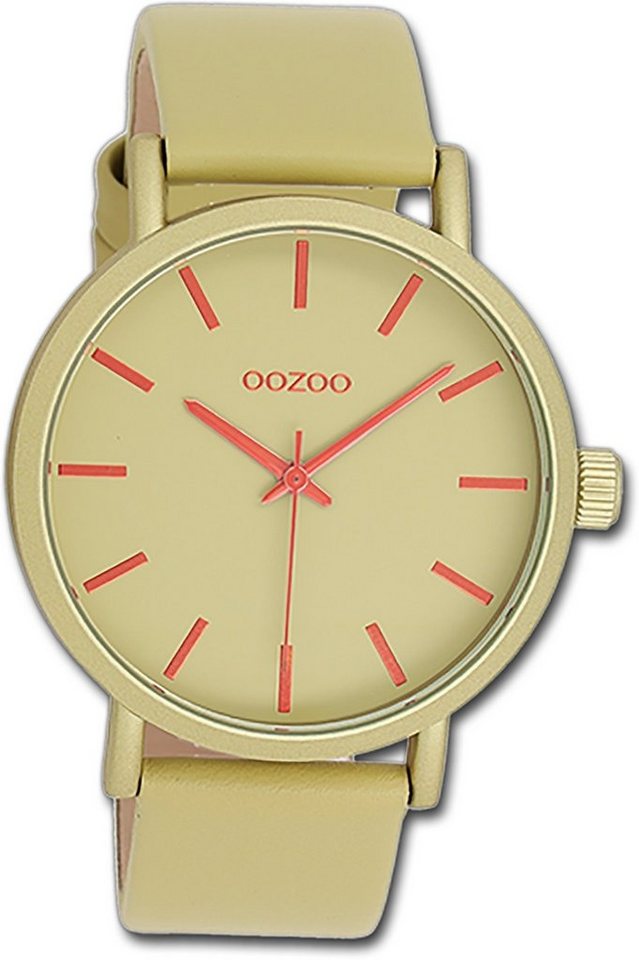 OOZOO Quarzuhr Oozoo Damen Armbanduhr Timepieces, Damenuhr Lederarmband olivgrün, rundes Gehäuse, groß (ca. 42mm) von OOZOO