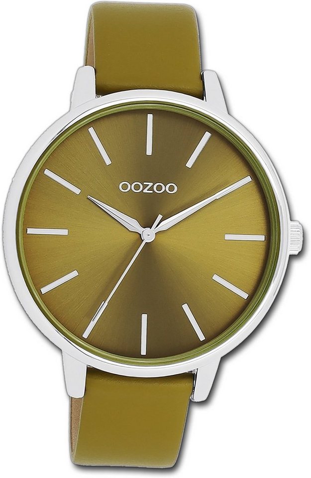 OOZOO Quarzuhr Oozoo Damen Armbanduhr Timepieces, Damenuhr Lederarmband olivgrün, rundes Gehäuse, groß (ca. 42mm) von OOZOO