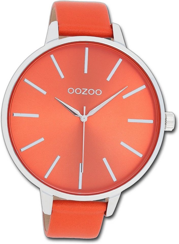 OOZOO Quarzuhr Oozoo Damen Armbanduhr Timepieces, Damenuhr Lederarmband orange, rundes Gehäuse, extra groß (ca. 48mm) von OOZOO