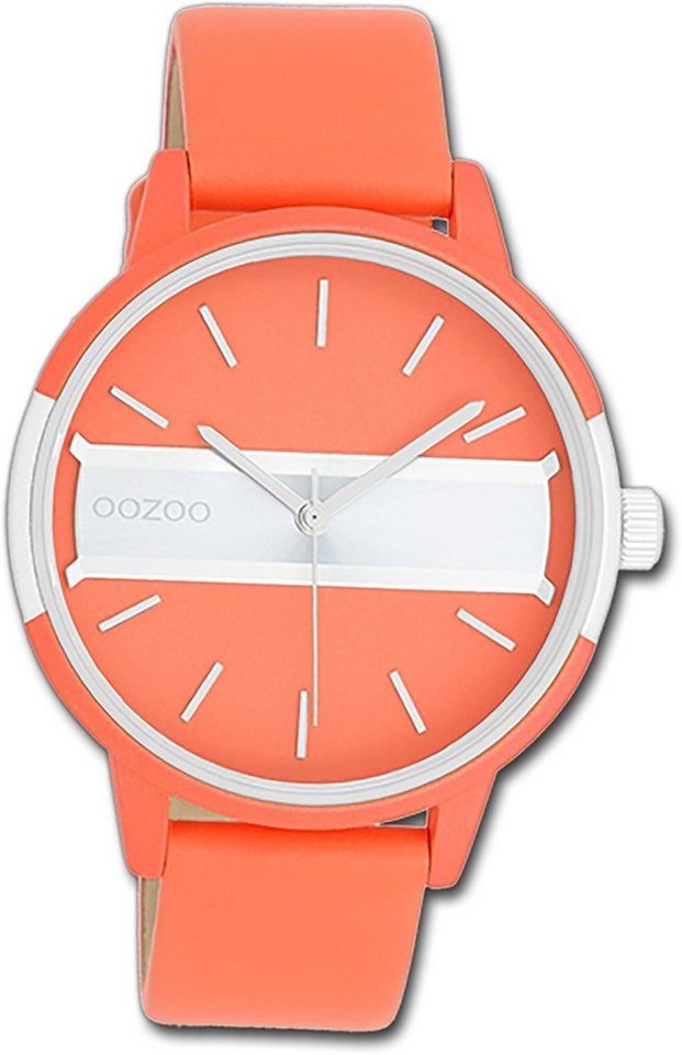 OOZOO Quarzuhr Oozoo Damen Armbanduhr Timepieces, Damenuhr Lederarmband orange, rundes Gehäuse, groß (ca. 42mm) von OOZOO