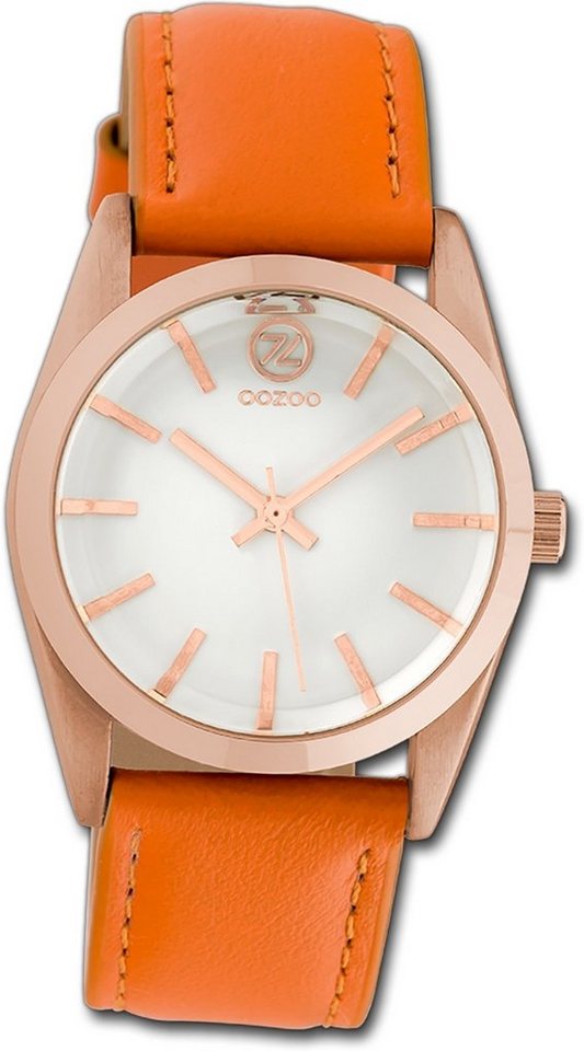 OOZOO Quarzuhr Oozoo Damen Armbanduhr Timepieces, Damenuhr Lederarmband orange, rundes Gehäuse, mittel (ca. 33mm) von OOZOO