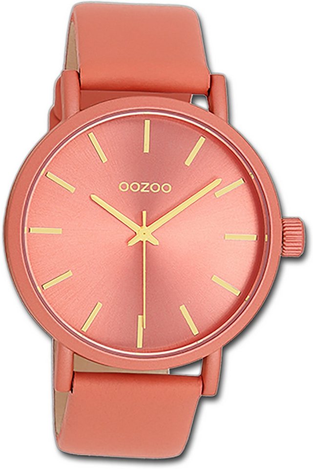 OOZOO Quarzuhr Oozoo Damen Armbanduhr Timepieces, Damenuhr Lederarmband pfirsichrosa, rundes Gehäuse, groß (ca. 42mm) von OOZOO