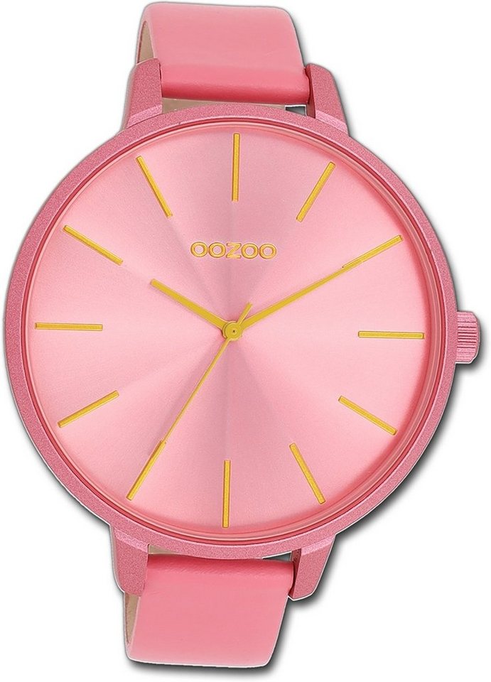 OOZOO Quarzuhr Oozoo Damen Armbanduhr Timepieces, Damenuhr Lederarmband pink, rundes Gehäuse, extra groß (ca. 48mm) von OOZOO