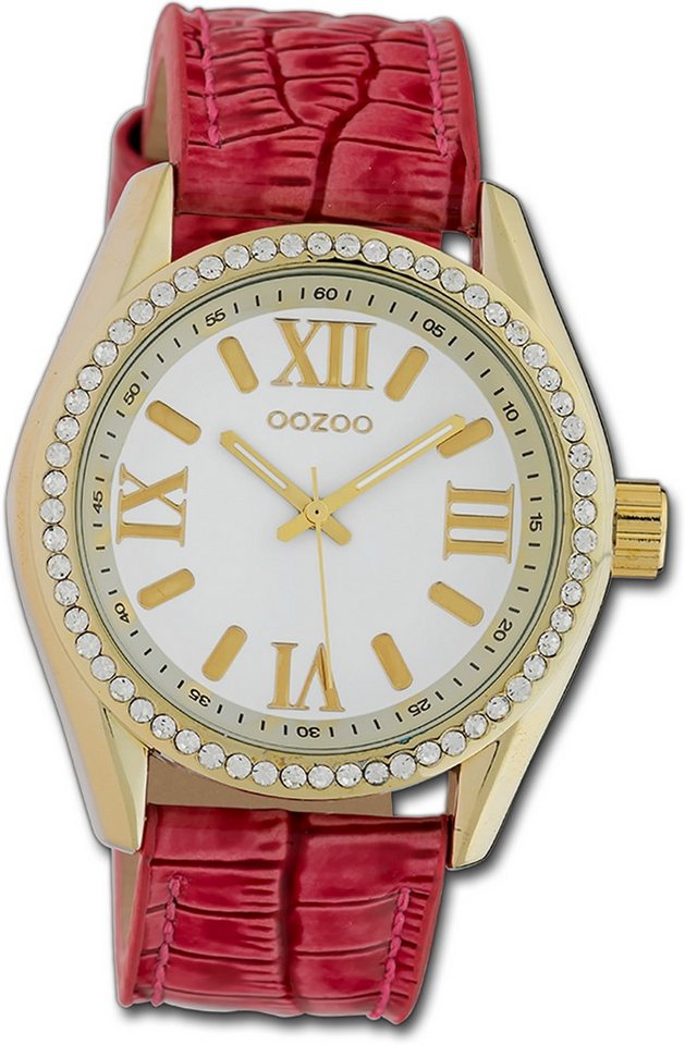 OOZOO Quarzuhr Oozoo Damen Armbanduhr Timepieces, Damenuhr Lederarmband pink, rundes Gehäuse, groß (ca. 40mm) von OOZOO