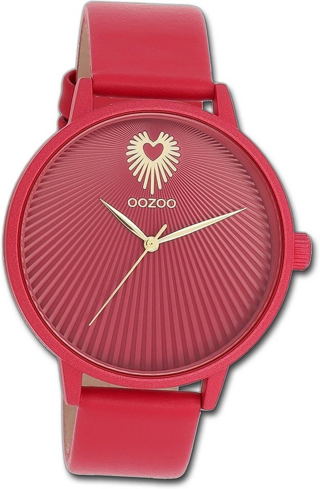 OOZOO Quarzuhr Oozoo Damen Armbanduhr Timepieces, Damenuhr Lederarmband pink, rundes Gehäuse, groß (ca. 42mm) von OOZOO