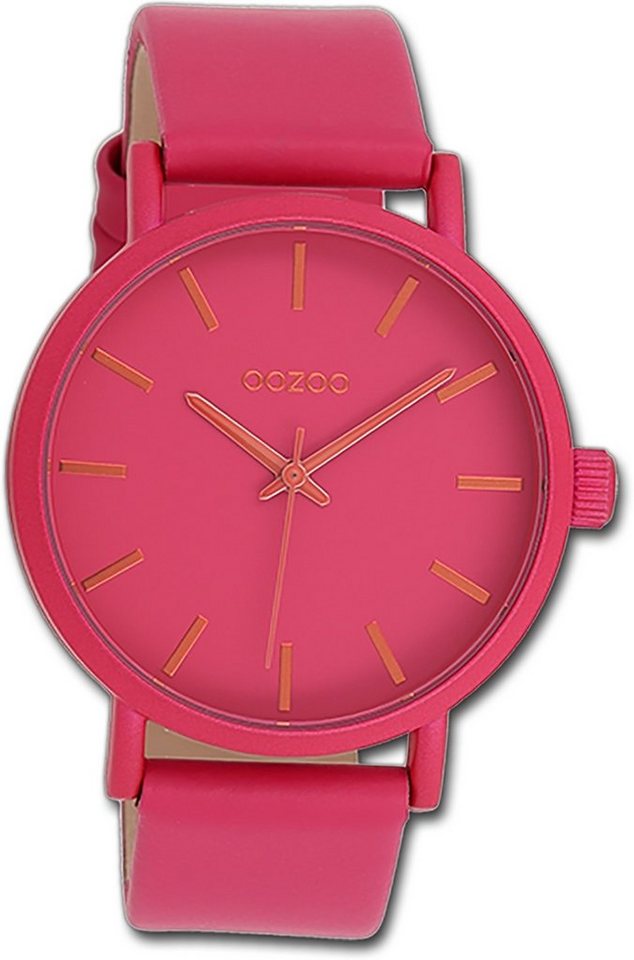 OOZOO Quarzuhr Oozoo Damen Armbanduhr Timepieces, (Analoguhr), Damenuhr Lederarmband pink, rundes Gehäuse, groß (ca. 42mm) von OOZOO