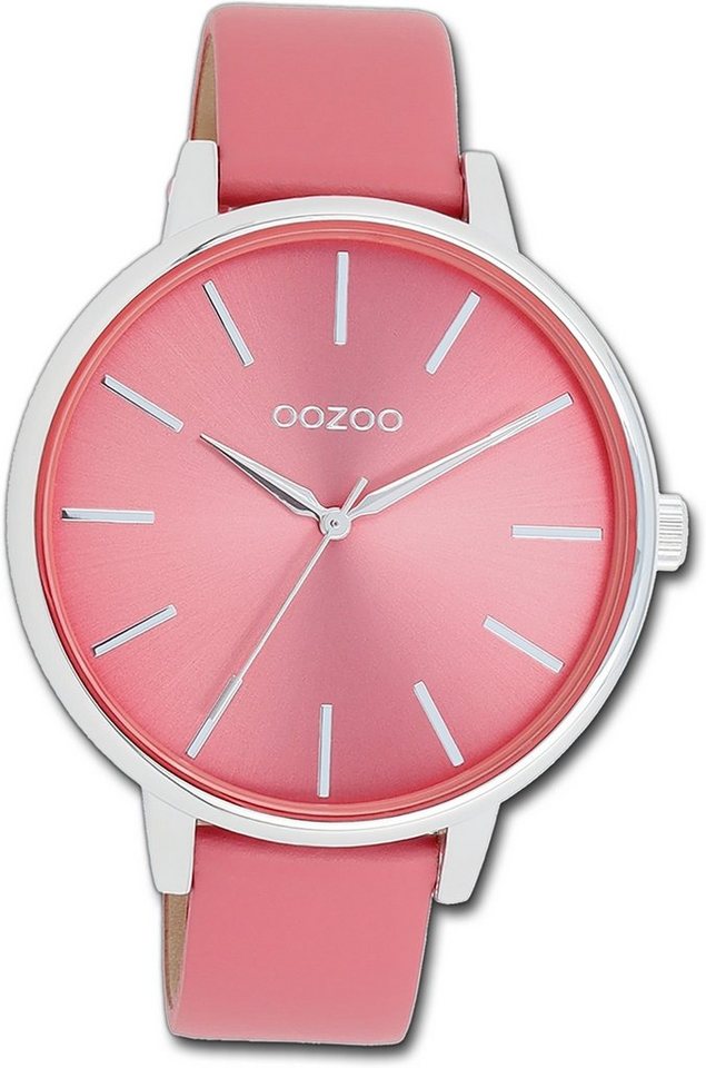 OOZOO Quarzuhr Oozoo Damen Armbanduhr Timepieces, (Analoguhr), Damenuhr Lederarmband pink, rundes Gehäuse, groß (ca. 42mm) von OOZOO