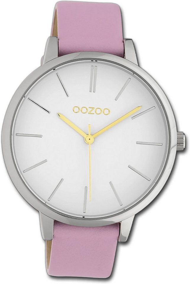 OOZOO Quarzuhr Oozoo Damen Armbanduhr Timepieces, (Analoguhr), Damenuhr Lederarmband pink, rundes Gehäuse, groß (ca. 42mm) von OOZOO