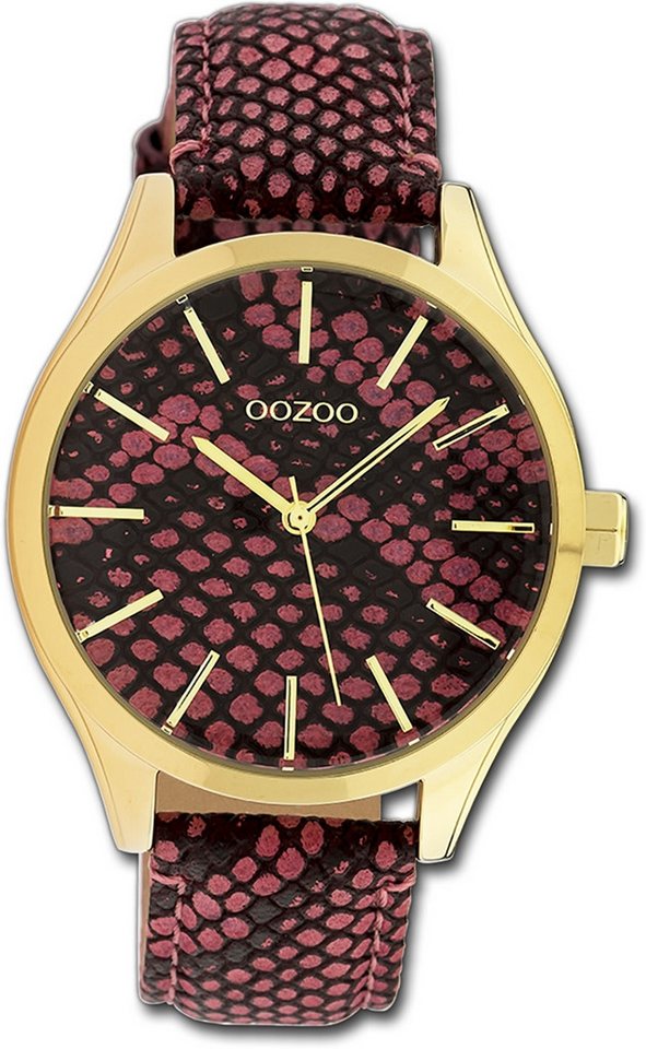 OOZOO Quarzuhr Oozoo Damen Armbanduhr Timepieces, Damenuhr Lederarmband pink, schwarz, rundes Gehäuse, groß (ca. 42mm) von OOZOO