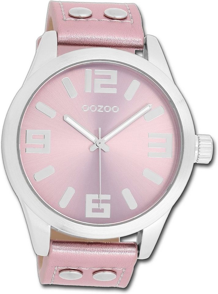 OOZOO Quarzuhr Oozoo Damen Armbanduhr Timepieces, Damenuhr Lederarmband rosa, rundes Gehäuse, extra groß (ca. 46mm) von OOZOO