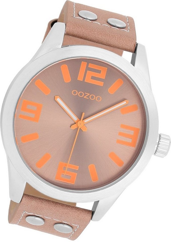 OOZOO Quarzuhr Oozoo Damen Armbanduhr Timepieces, Damenuhr Lederarmband rosa, rundes Gehäuse, extra groß (ca. 46mm) von OOZOO