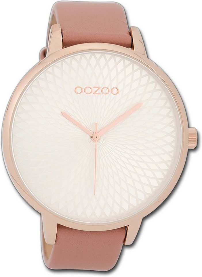 OOZOO Quarzuhr Oozoo Damen Armbanduhr Timepieces, Damenuhr Lederarmband rosa, rundes Gehäuse, extra groß (ca. 48mm) von OOZOO