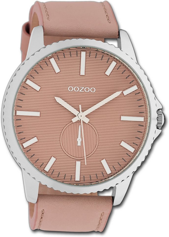 OOZOO Quarzuhr Oozoo Damen Armbanduhr Timepieces, Damenuhr Lederarmband rosa, rundes Gehäuse, extra groß (ca. 48mm) von OOZOO