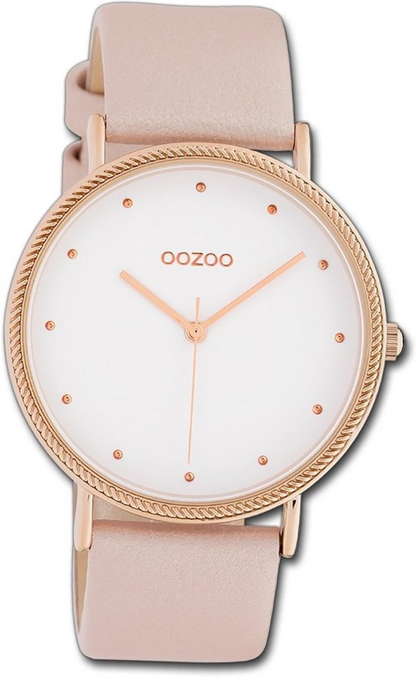 OOZOO Quarzuhr Oozoo Damen Armbanduhr Timepieces, Damenuhr Lederarmband rosa, rundes Gehäuse, groß (ca. 40mm) von OOZOO