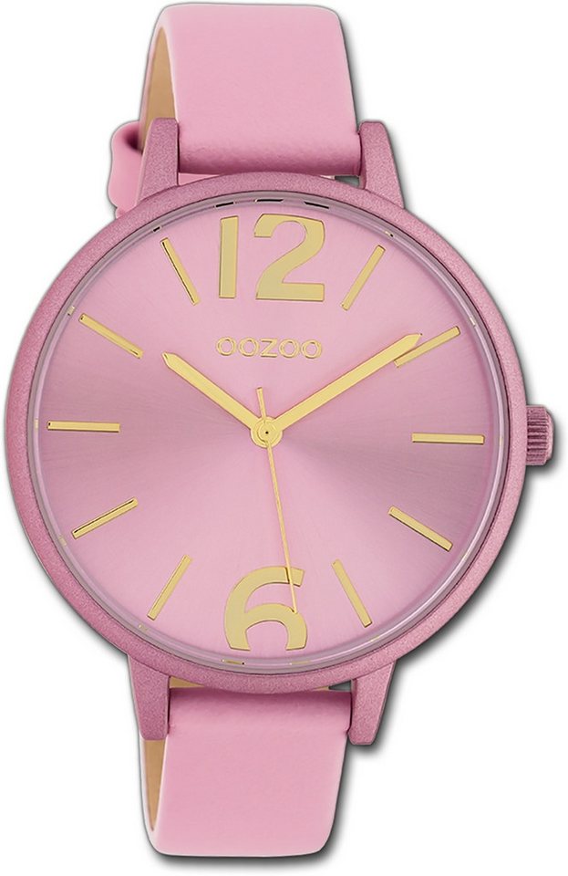 OOZOO Quarzuhr Oozoo Damen Armbanduhr Timepieces, Damenuhr Lederarmband rosa, rundes Gehäuse, groß (ca. 42mm) von OOZOO