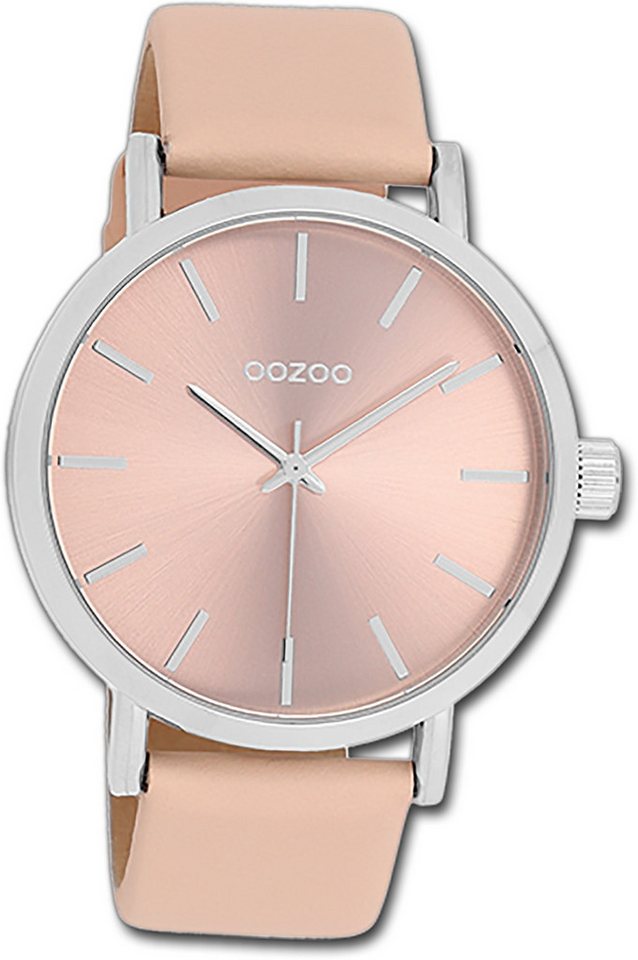 OOZOO Quarzuhr Oozoo Damen Armbanduhr Timepieces, Damenuhr Lederarmband rosa, rundes Gehäuse, groß (ca. 42mm) von OOZOO