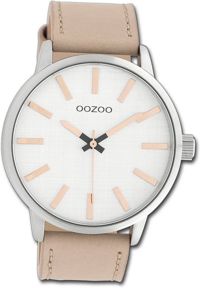 OOZOO Quarzuhr Oozoo Damen Armbanduhr Timepieces, Damenuhr Lederarmband rosa, rundes Gehäuse, groß (ca. 45mm) von OOZOO