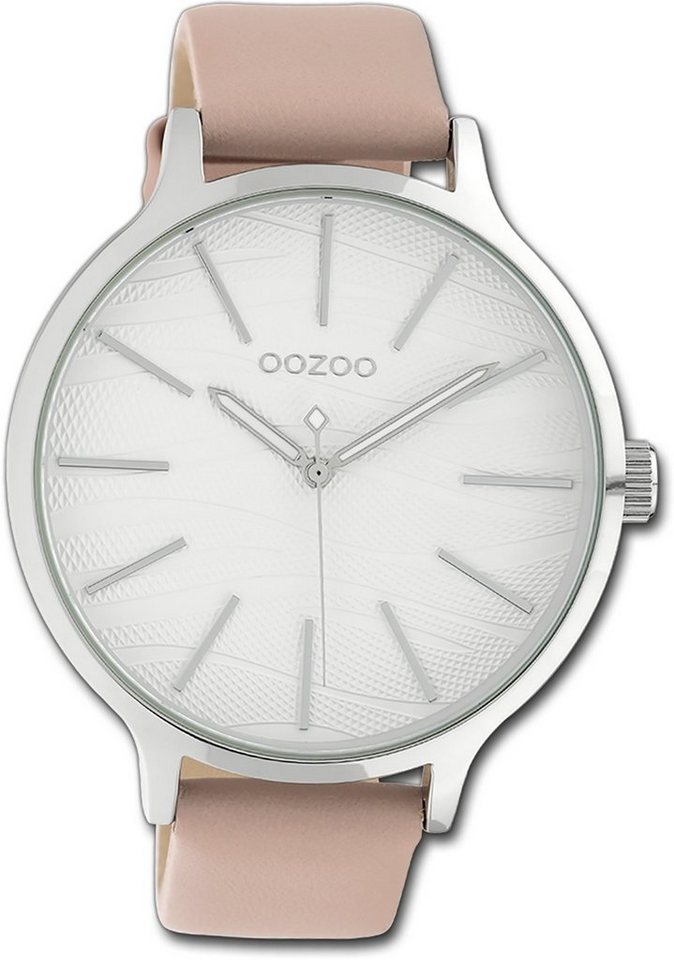 OOZOO Quarzuhr Oozoo Damen Armbanduhr Timepieces, Damenuhr Lederarmband rosa, rundes Gehäuse, groß (ca. 45mm) von OOZOO