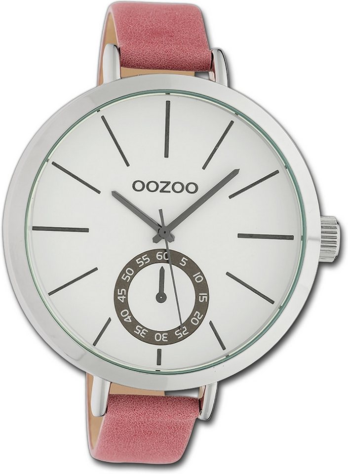 OOZOO Quarzuhr Oozoo Damen Armbanduhr Timepieces, Damenuhr Lederarmband rose, rundes Gehäuse, extra groß (ca. 48mm) von OOZOO