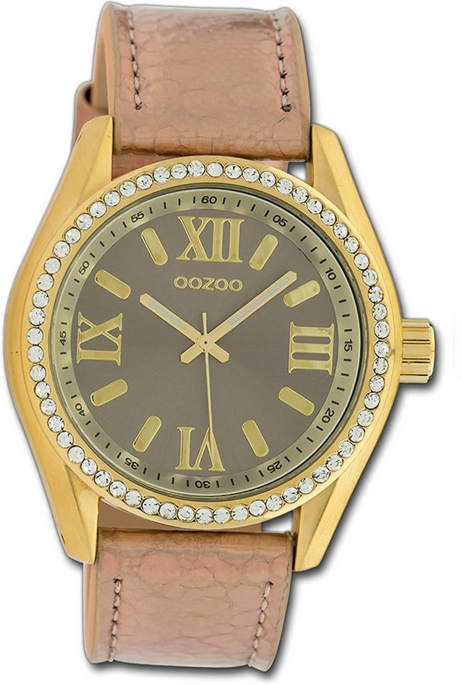 OOZOO Quarzuhr Oozoo Damen Armbanduhr Timepieces, Damenuhr Lederarmband rosegold, rundes Gehäuse, groß (ca. 40mm) von OOZOO